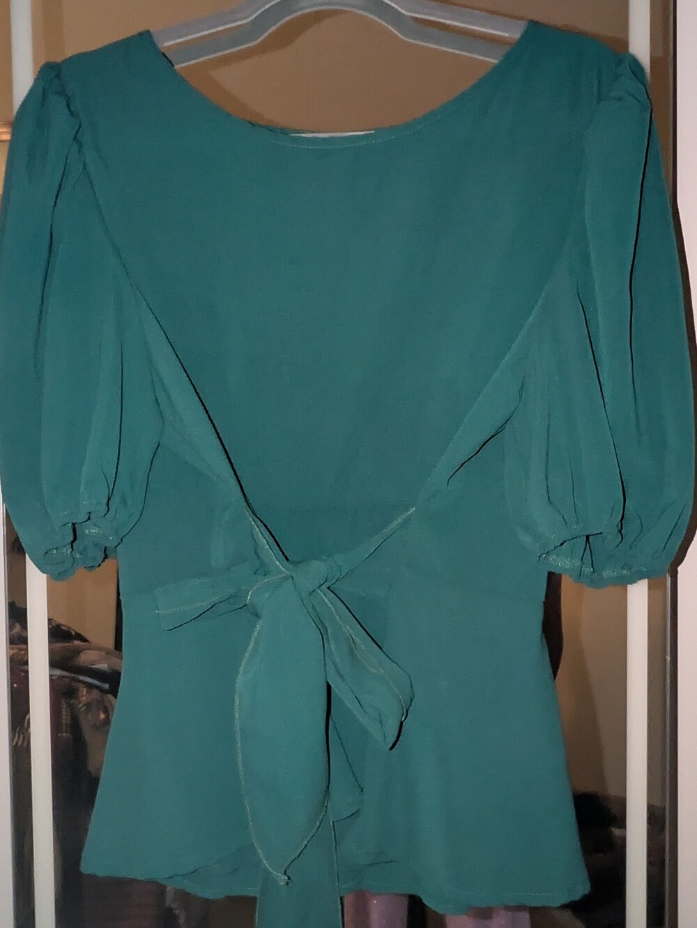 Teal Puff-Sleeve Tie-Back Women's Shirt